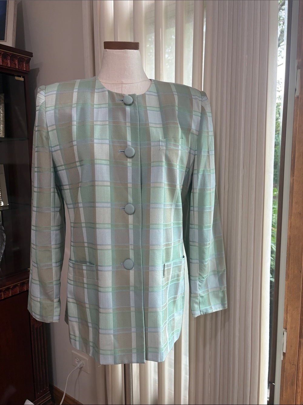 Sassoon Paris Vintage button up pastel plaid blazer jacket classic/ pockets 10